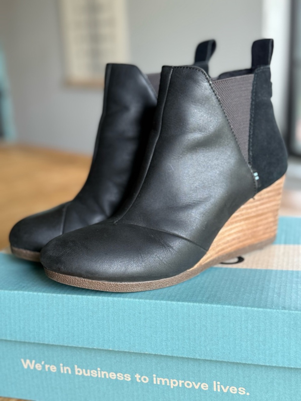 Toms Black Leather Wedge Ankle Booties with Stacked Wood-Look Heel